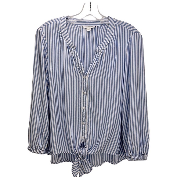 beachlunchlounge Tops - BeachLunchLounge‎ Tanji White Blue Striped Tie Front Top Medium Lyocell Blend